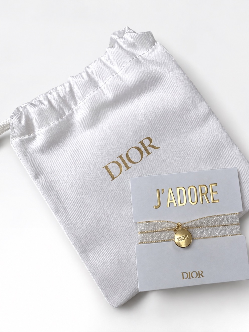 Dior Beauty J’adore Ribbon Charm Bracelet Gold White + Pouch Card NWT